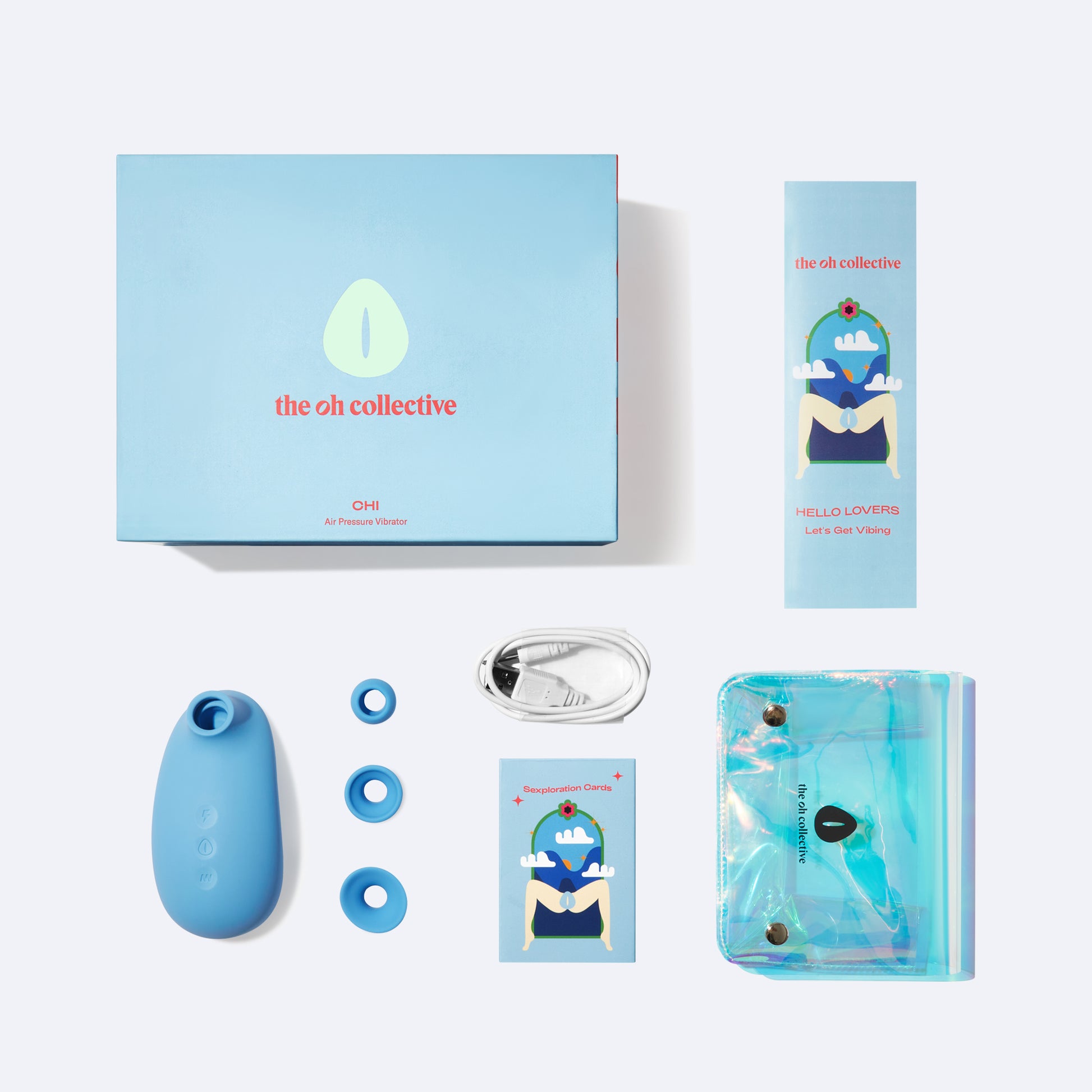 Our CHI Air Suction Vibrator comes with 3 interchangeable suction heads, a deck of Sexploration Cards, one USB charger, a iridescent storage pouch, and an international manual.